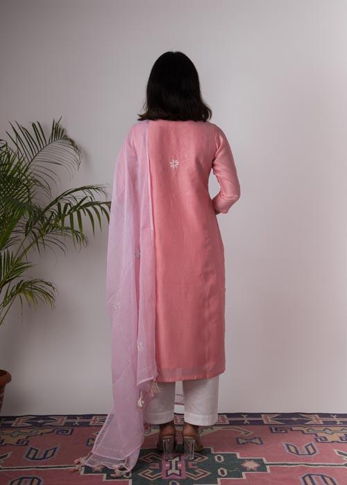 Carnation'Hand Embroidered carnation chanderi kurta . 2pc set (kurta and dupatta)