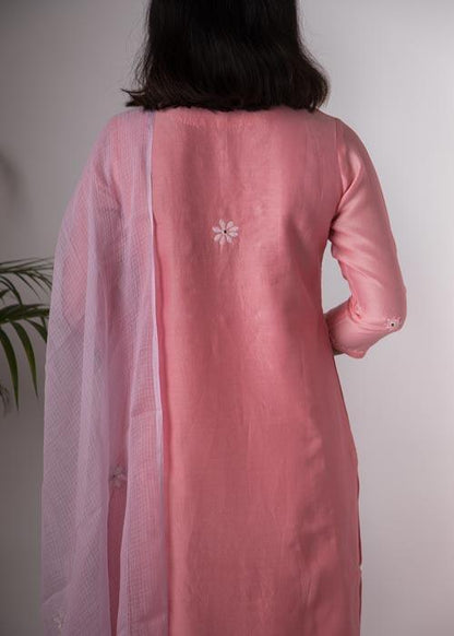 Carnation'Hand Embroidered carnation chanderi kurta . 2pc set (kurta and dupatta)