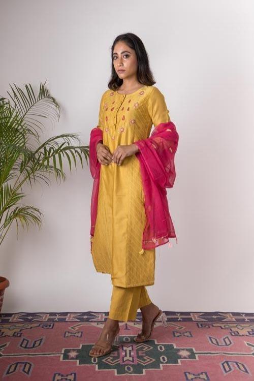 Champa'Hand Embroidered Ochre chanderi kurta . 2pc set (kurta and dupatta)