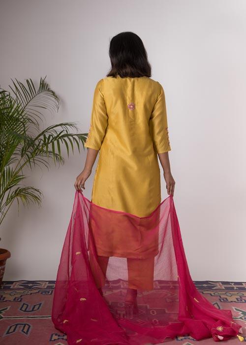 Champa'Hand Embroidered Ochre chanderi kurta . 2pc set (kurta and dupatta)