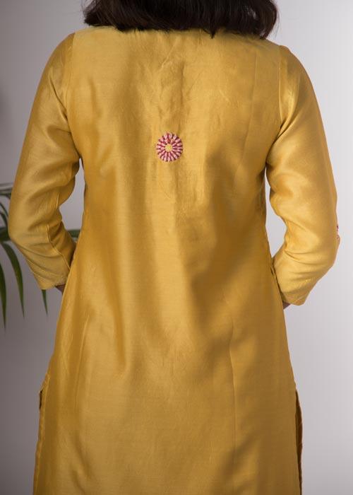Champa'Hand Embroidered Ochre chanderi kurta . 2pc set (kurta and dupatta)