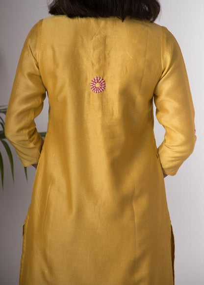 Champa'Hand Embroidered Ochre chanderi kurta . 2pc set (kurta and dupatta)