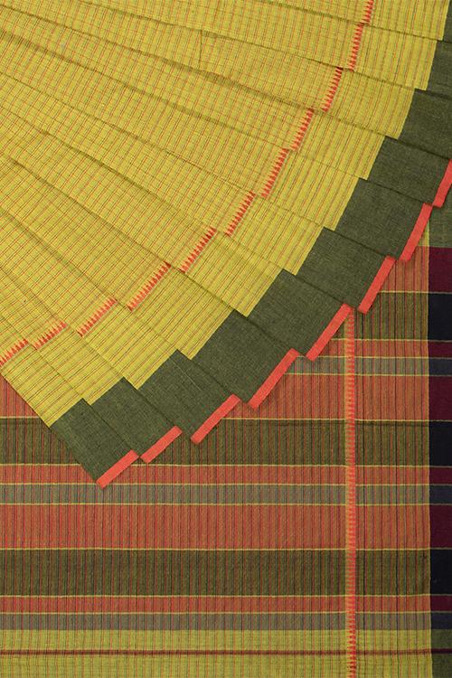 Chitrika Stripe Checkar Dobby Cotton Handloom Saree Green