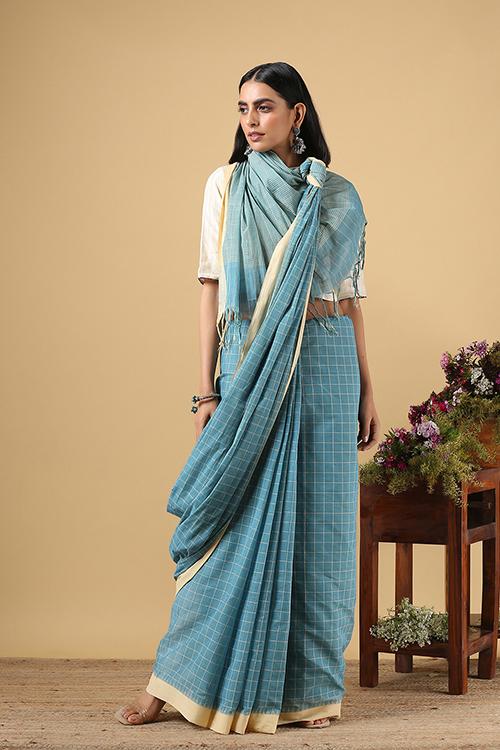 Chitrika Body Check Kuppadam Handspun Handloom saree Blue