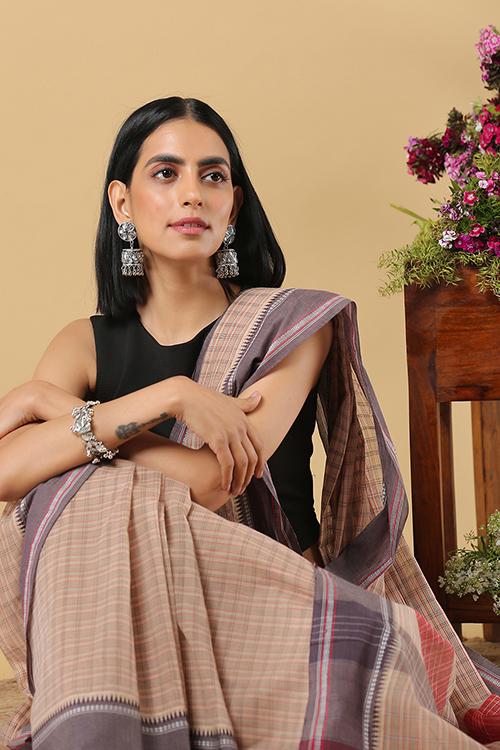 Chitrika Classic Mini Checks Cotton Handloom Saree Beige