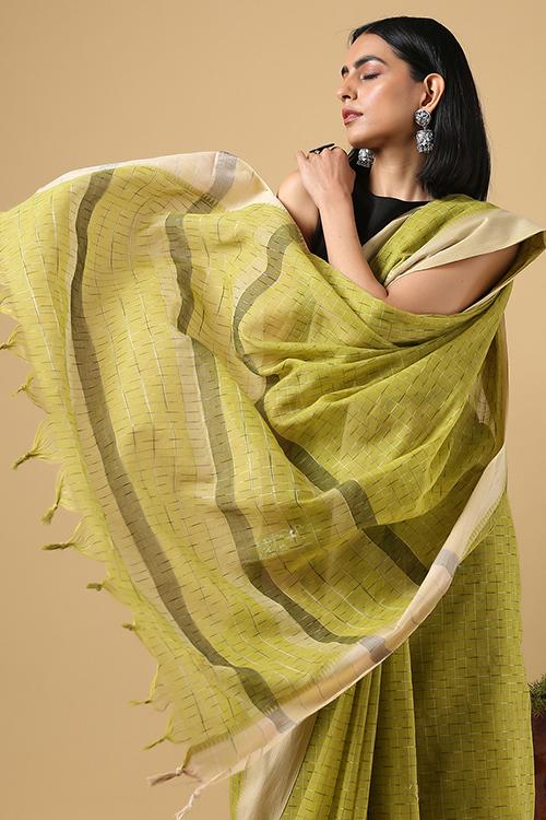 Chitrika Ikat Small Checks Cotton Handloom Saree Green