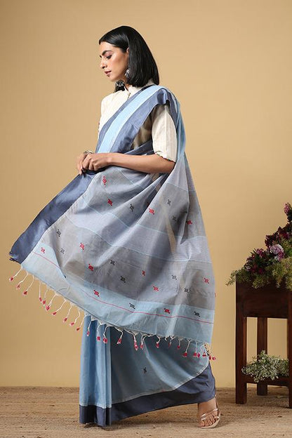 Chitrika Kuppadam 4 Square Buta Cotton Handloom Saree Light Blue