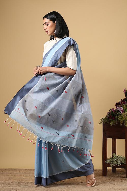 Chitrika Kuppadam 4 Square Buta Cotton Handloom Saree Light Blue