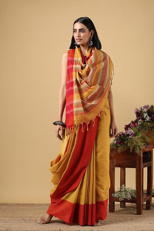 Chitrika Temple Checks Dobby Cotton Handloom Saree Mustard