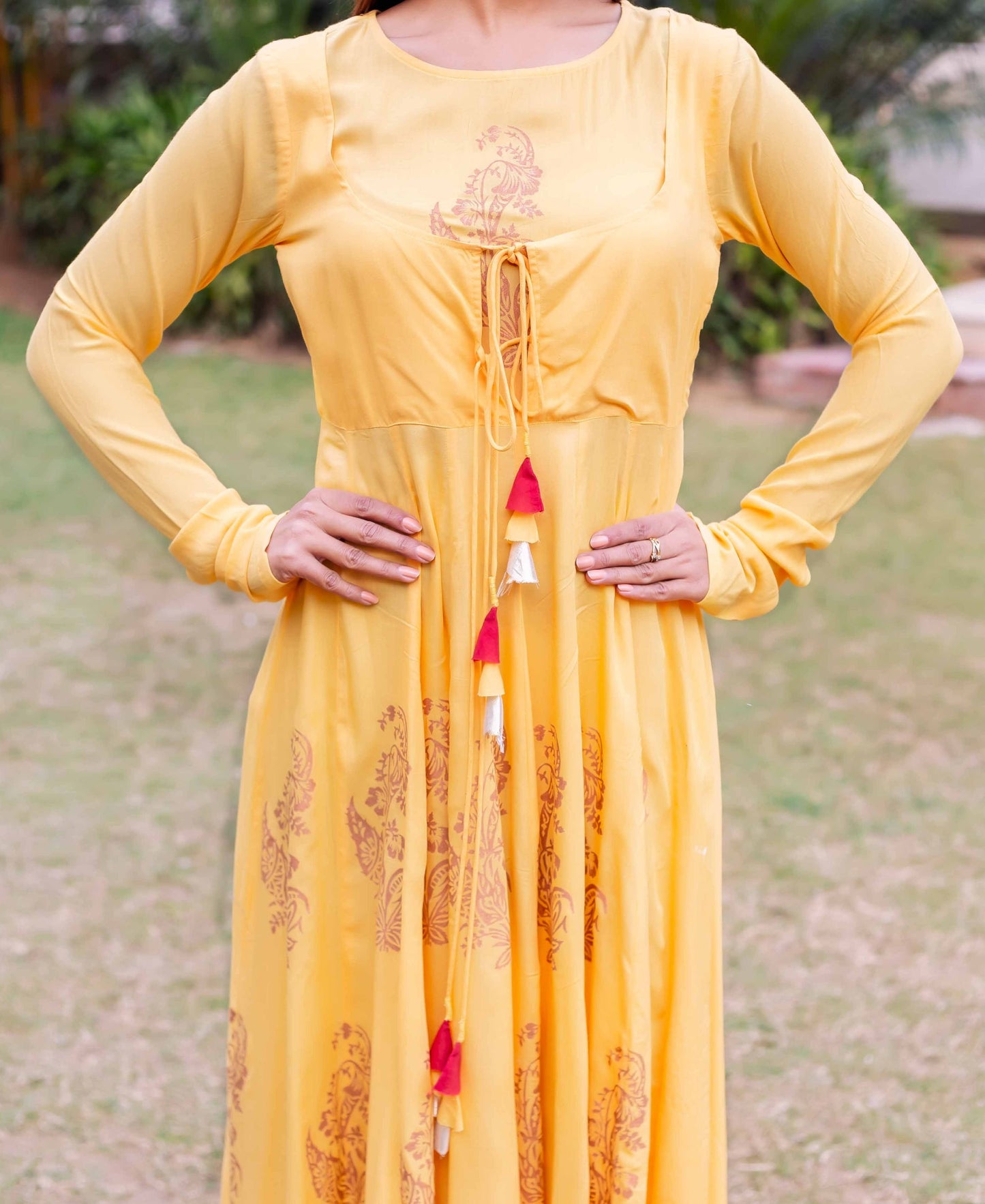 Yellow and Golden Rayon Long Anarkali Dress