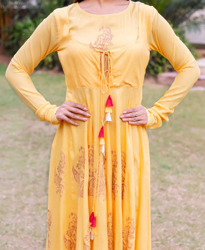 Yellow and Golden Rayon Long Anarkali Dress