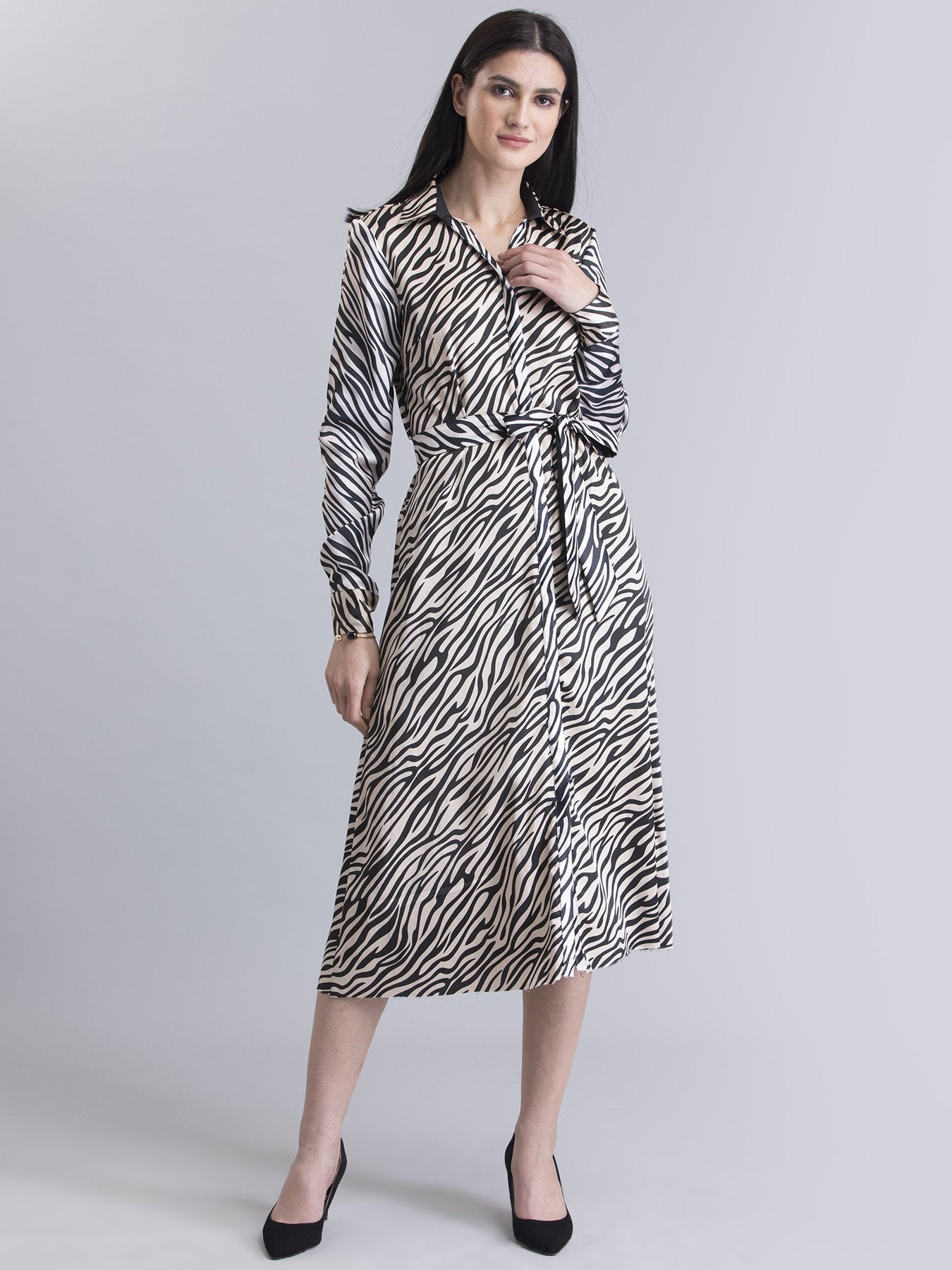 Satin Animal Print A Line Dress - Beige and Black