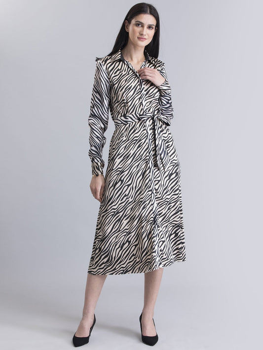 Satin Animal Print A Line Dress - Beige and Black