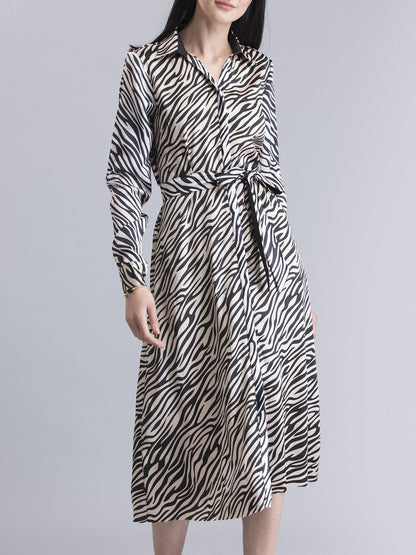 Satin Animal Print A Line Dress - Beige and Black