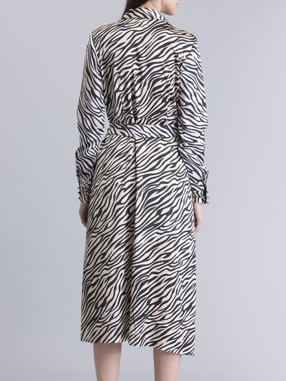 Satin Animal Print A Line Dress - Beige and Black
