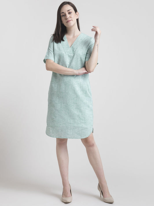 Cotton Chambray V Neck Straight Dress - Green