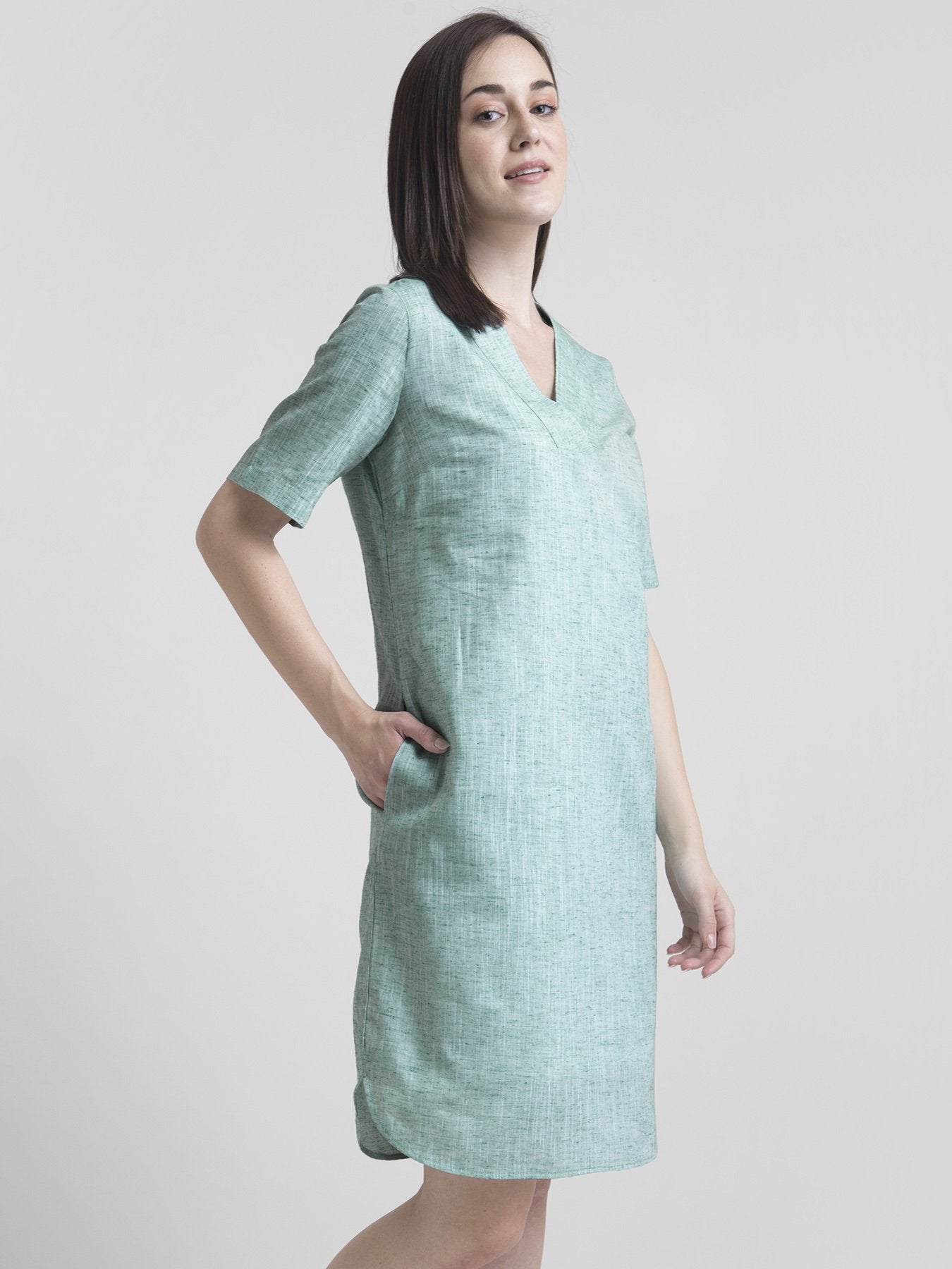 Cotton Chambray V Neck Straight Dress - Green