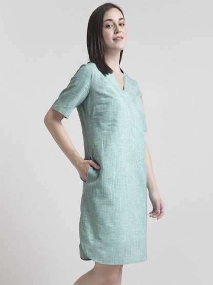Cotton Chambray V Neck Straight Dress - Green