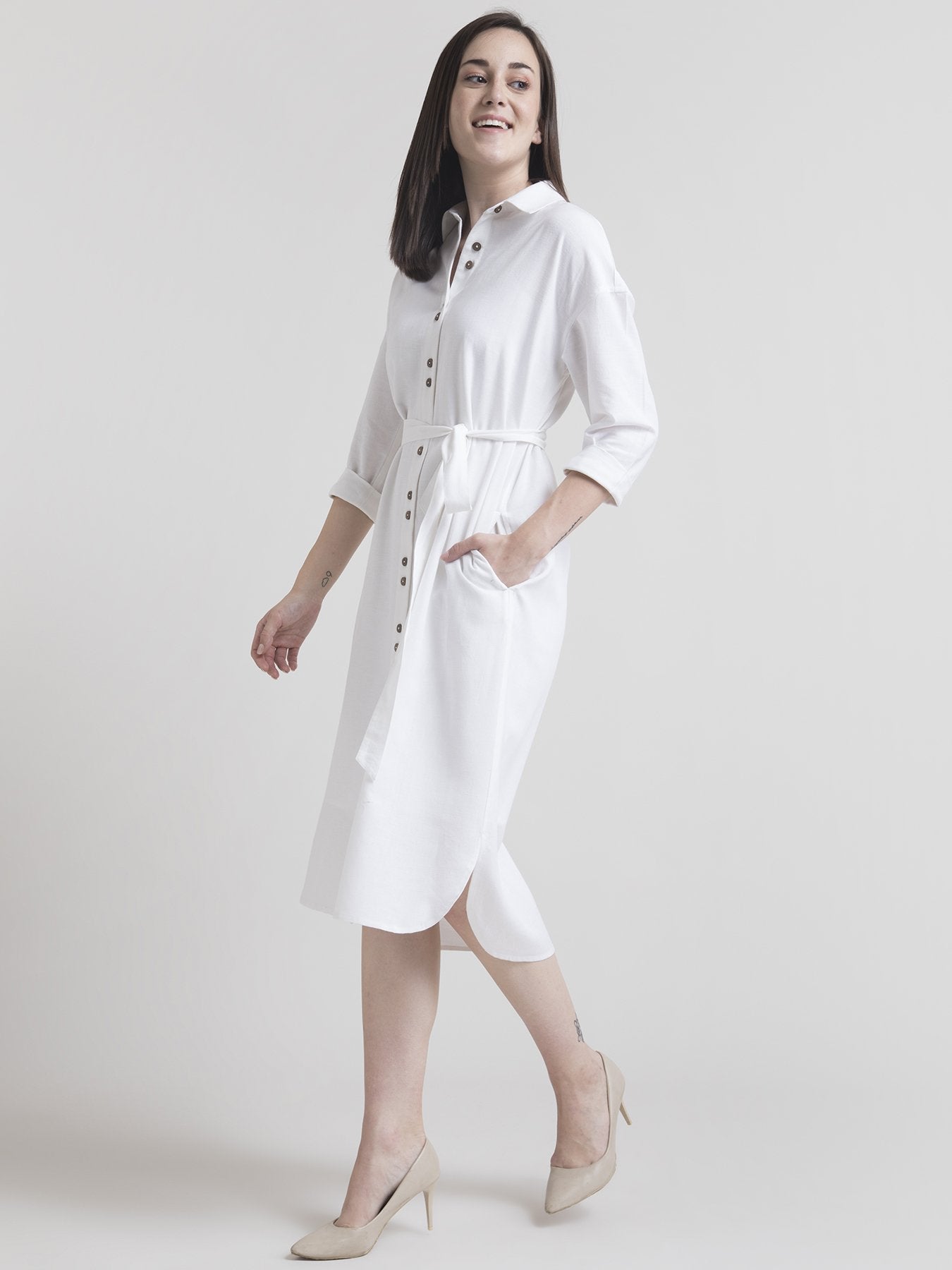 Cotton Drop Shoulder Oversized Shirt Dress - White
