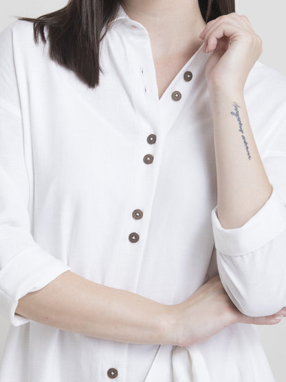 Cotton Drop Shoulder Oversized Shirt Dress - White