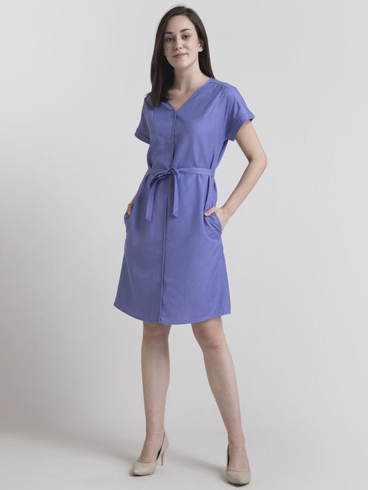 Cotton Drop Shoulder Tie Up Shift Dress - Purple