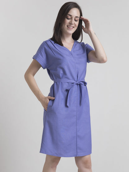 Cotton Drop Shoulder Tie Up Shift Dress - Purple