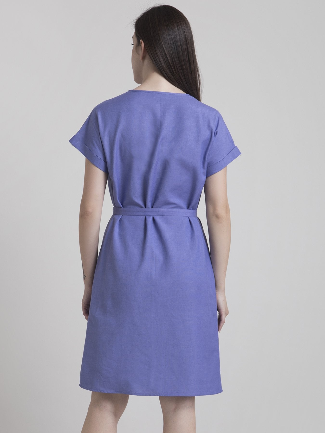 Cotton Drop Shoulder Tie Up Shift Dress - Purple