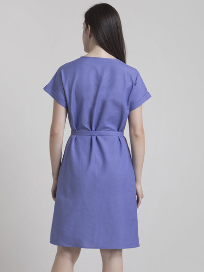 Cotton Drop Shoulder Tie Up Shift Dress - Purple