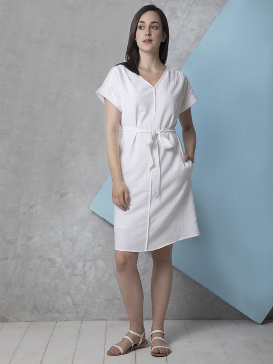 Cotton Drop Shoulder Tie Up Shift Dress - White