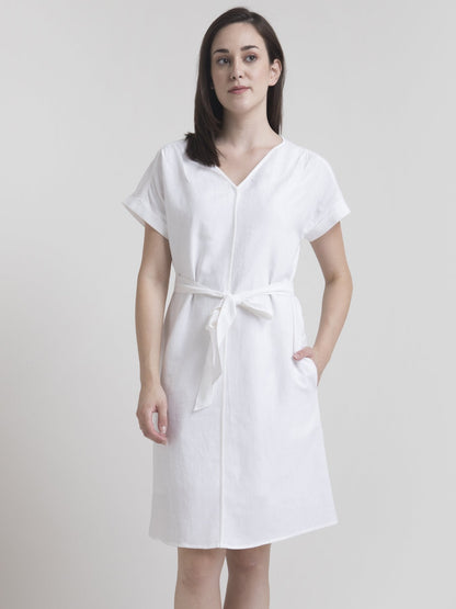 Cotton Drop Shoulder Tie Up Shift Dress - White