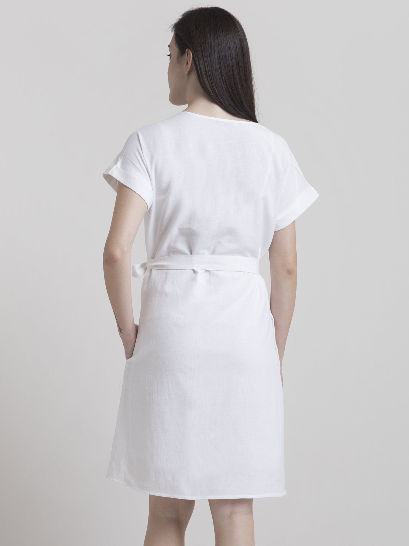 Cotton Drop Shoulder Tie Up Shift Dress - White