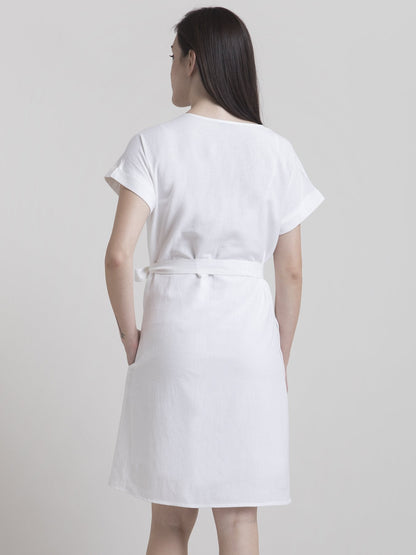 Cotton Drop Shoulder Tie Up Shift Dress - White