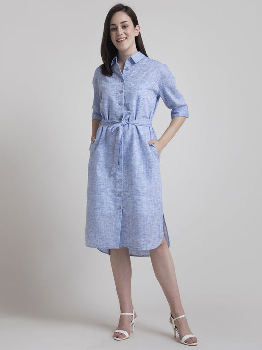 Cotton Pleated Shirt Dress - Blue