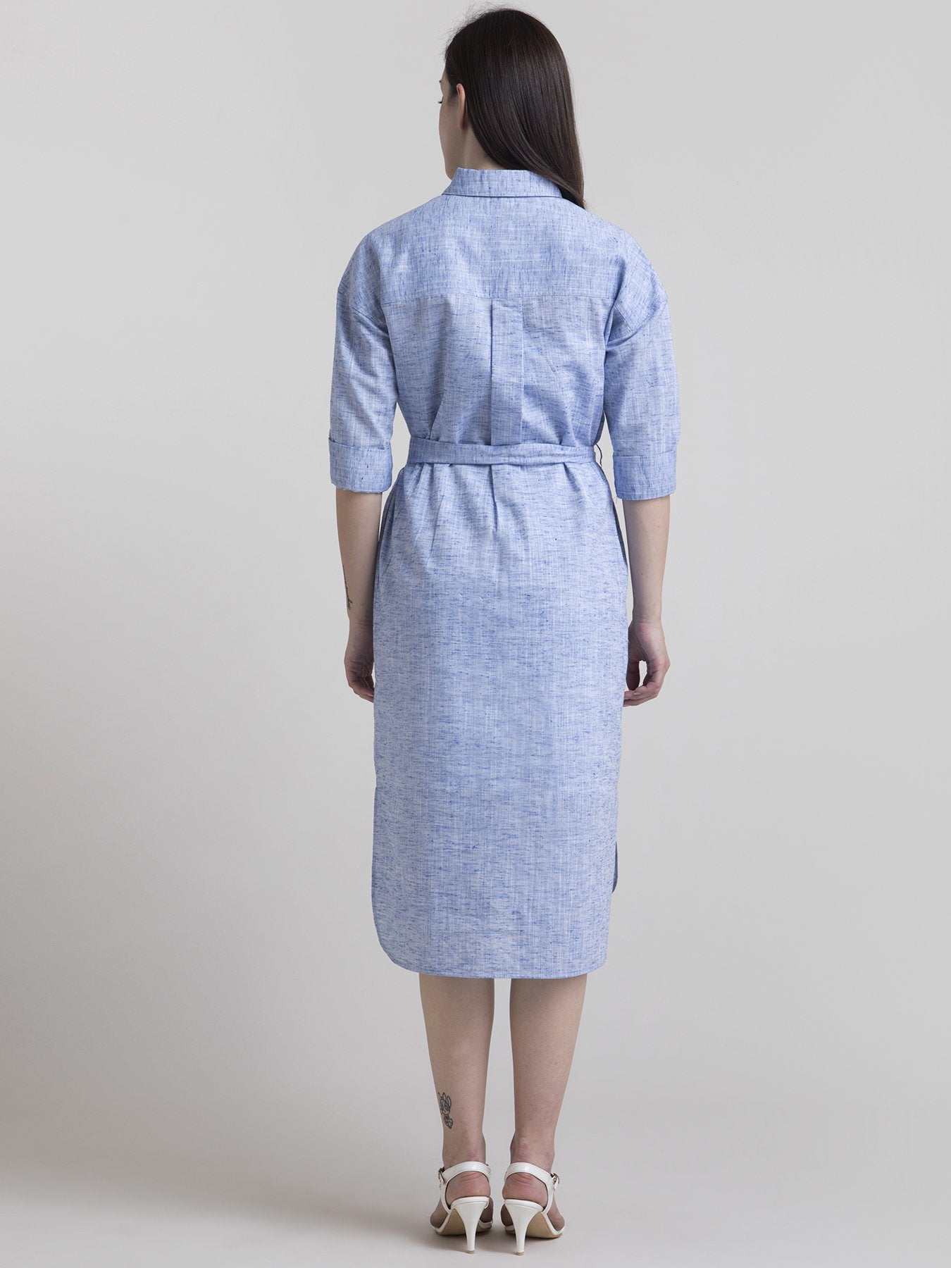 Cotton Pleated Shirt Dress - Blue