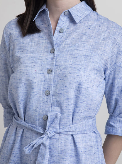 Cotton Pleated Shirt Dress - Blue