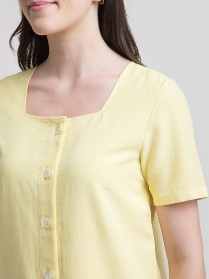 Cotton Square Neck Shirt Dress - Yellow