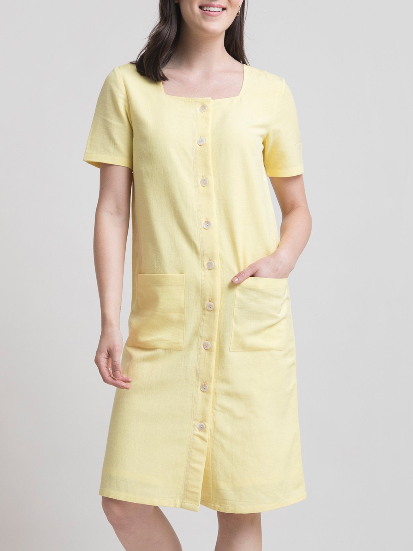 Cotton Square Neck Shirt Dress - Yellow