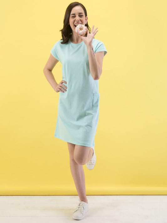 Cotton Round Neck Knitted Shift Dress - Aqua
