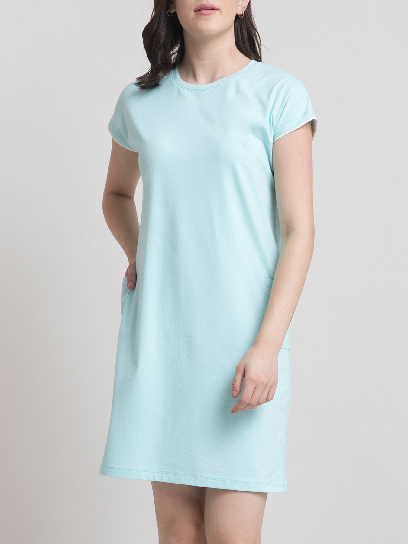 Cotton Round Neck Knitted Shift Dress - Aqua