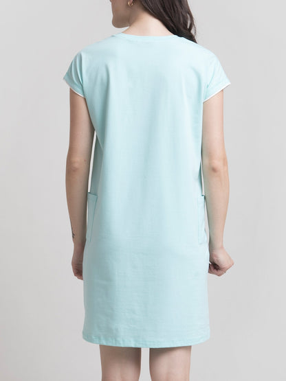 Cotton Round Neck Knitted Shift Dress - Aqua
