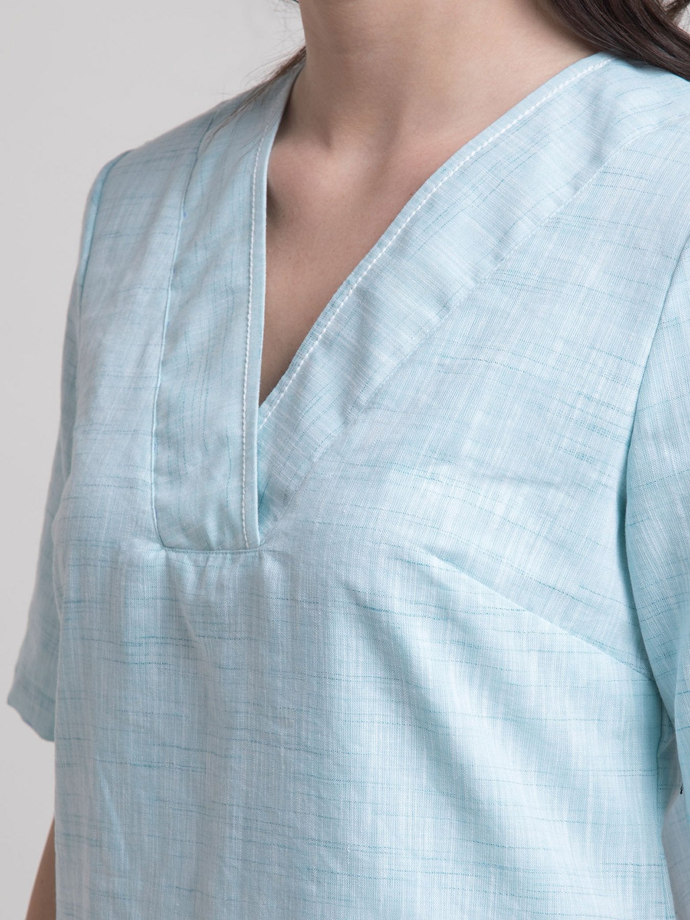 Cotton V Neck Boxy Shift Dress - Aqua