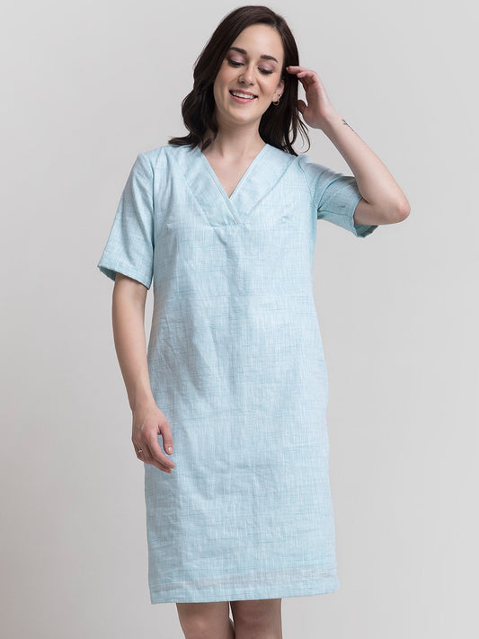 Cotton V Neck Boxy Shift Dress - Aqua
