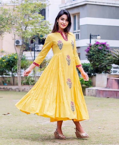 Yellow Placement Printed Tiered Dress
