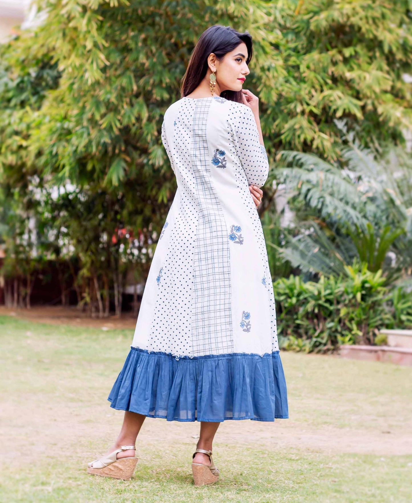 White and Blue Block Printed Dress