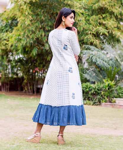 White and Blue Block Printed Dress