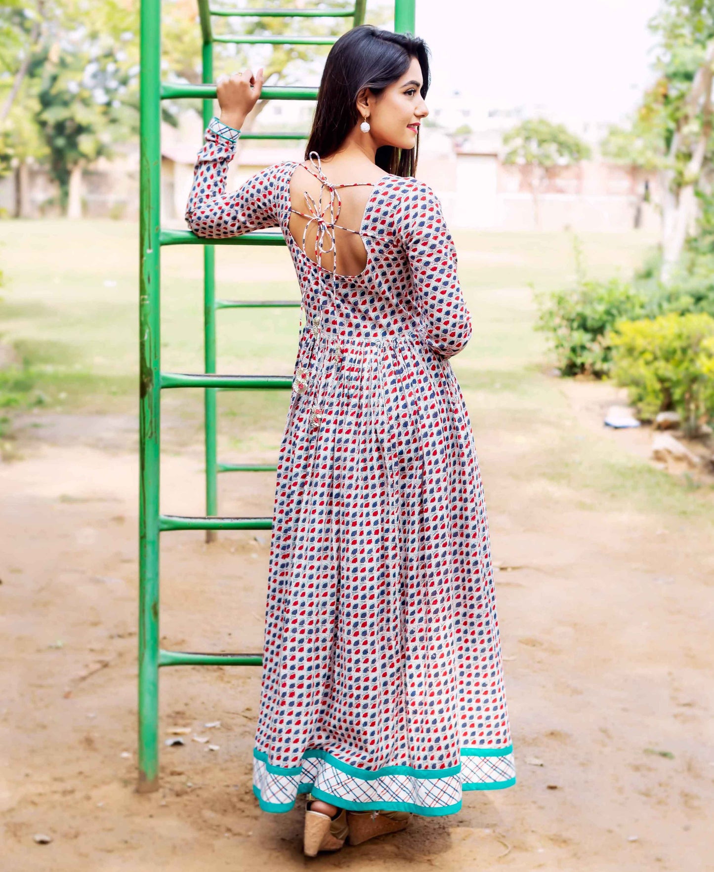 Hand Block Printed Anarkali Dress with Full Churidaar Sleeves