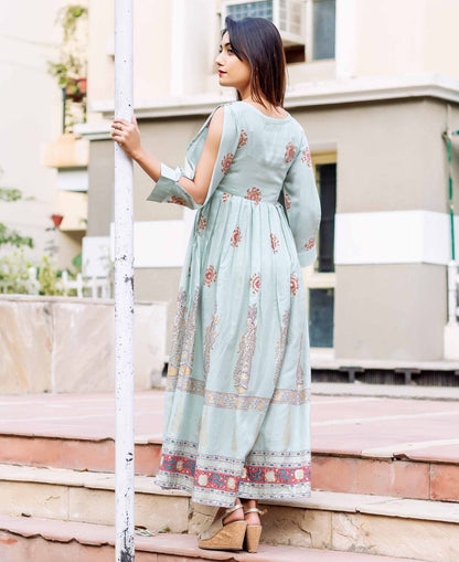 Boat Neck Long Dress with Designer Sleeves