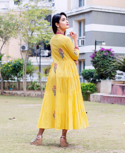 Yellow Placement Printed Tiered Dress