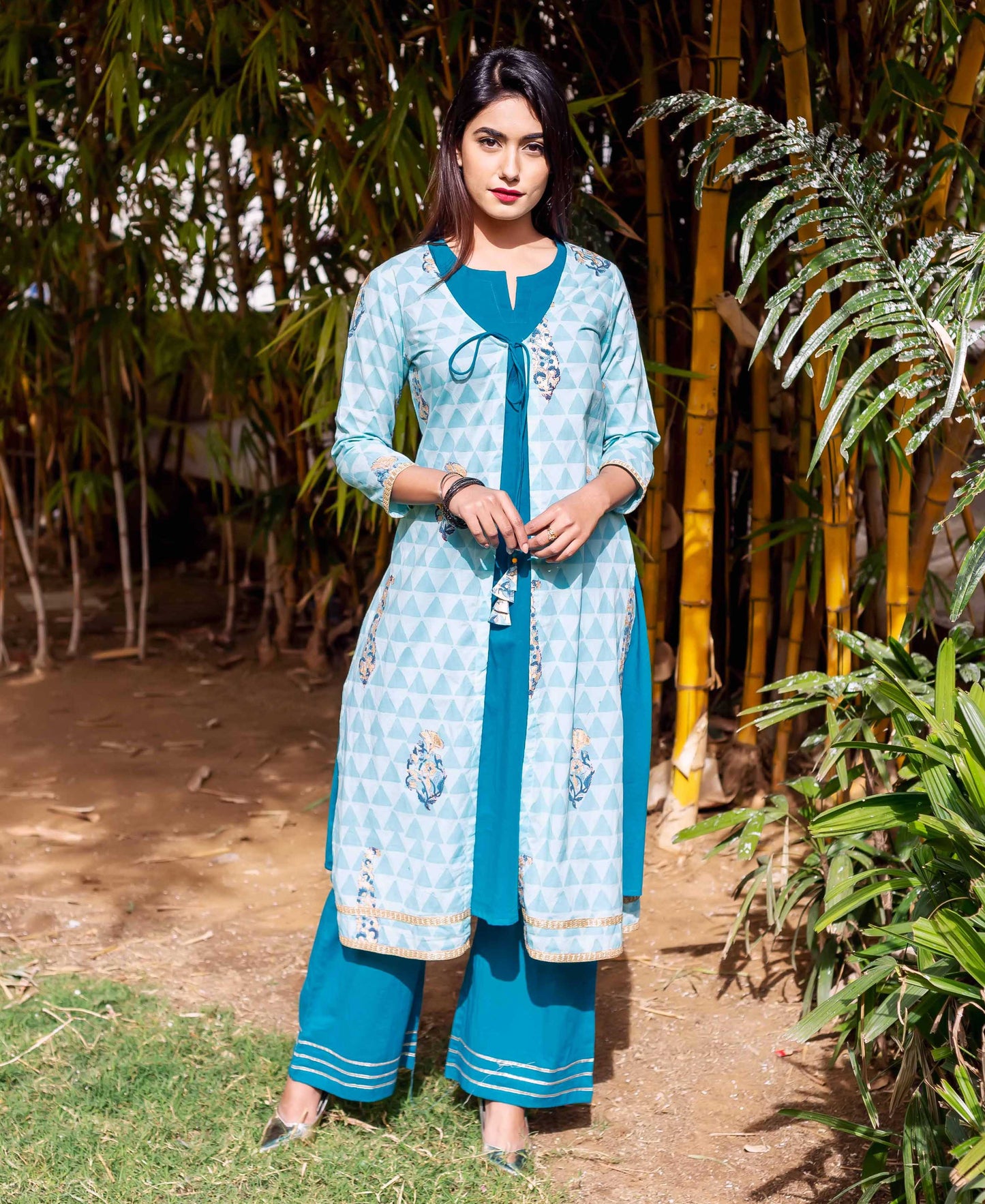Aqua Printed Cotton Jacket Suit Set