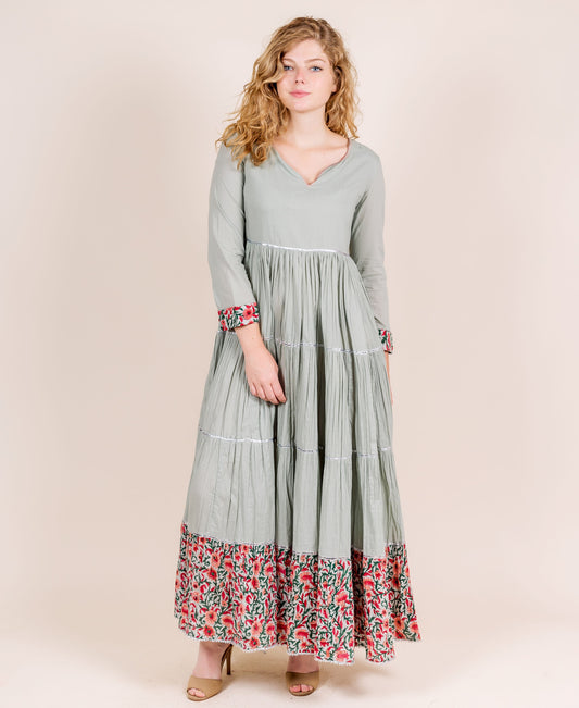 3/4 Sleeves Dusty Mint Hand Block Printed Indo Western Dress